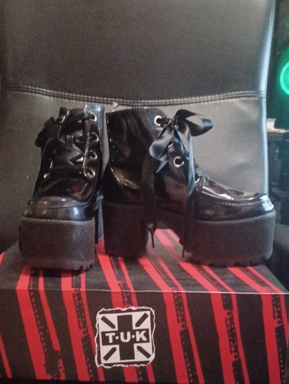 TUK Nosebleed Platform Boots.  Brand New With Box. Black Patent Size US5 UK3